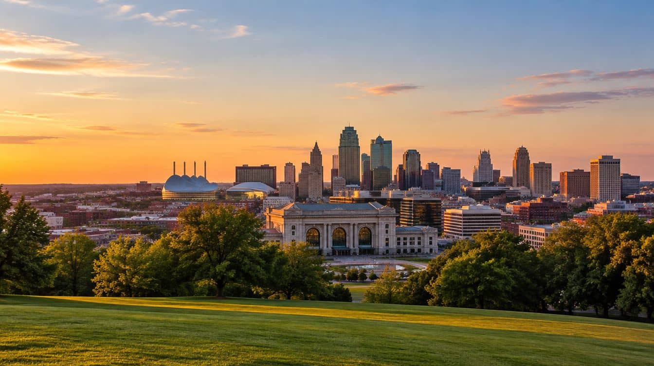 Downtown Kansas City, Missouri skyline at golden hour, seen from the south